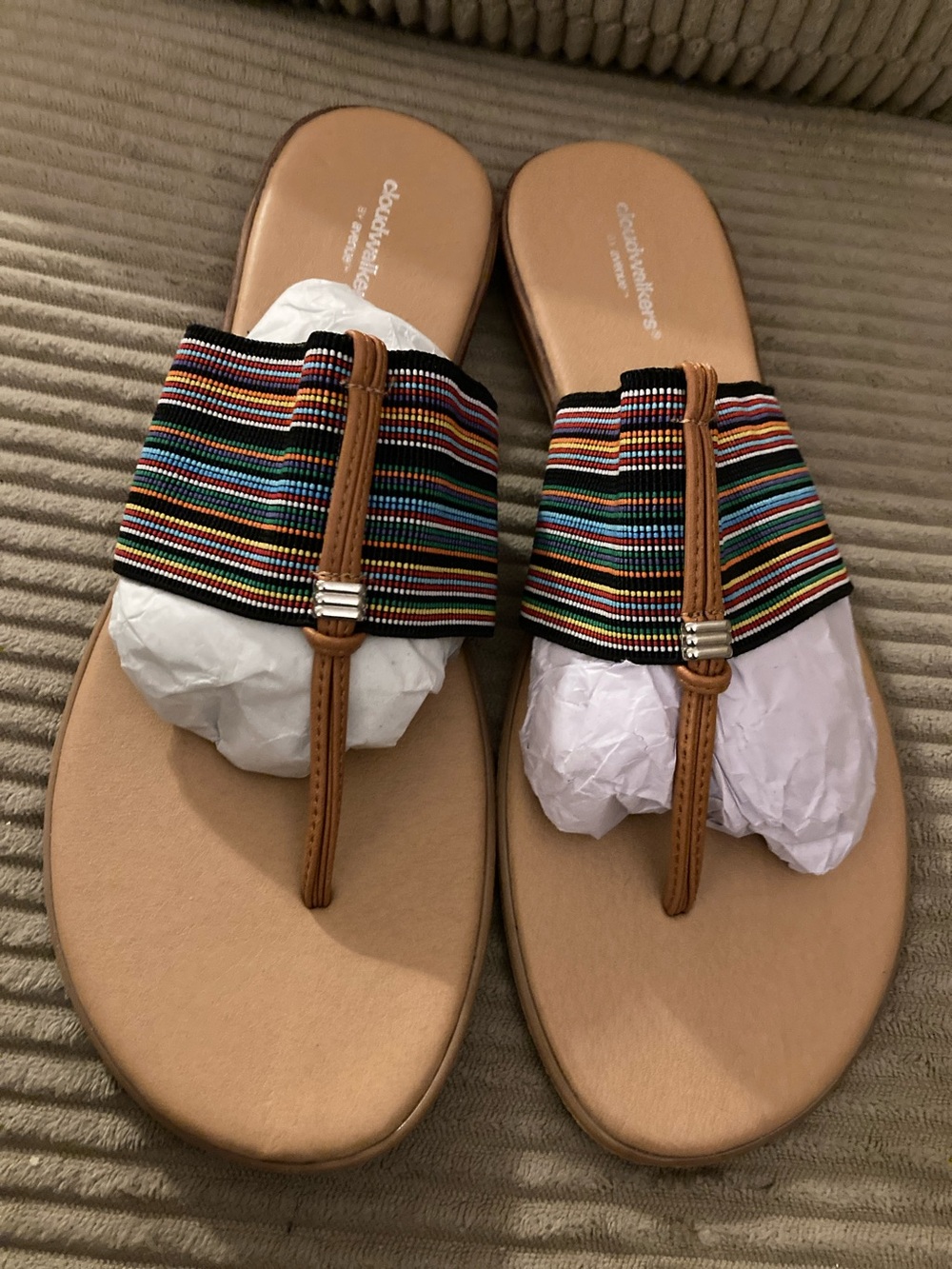 cloudwalkers Multicolor Striped Elastic T-strap Sandals with Tan Footbed